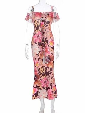 Off-Shoulder Pink Floral Print Maxi Dress